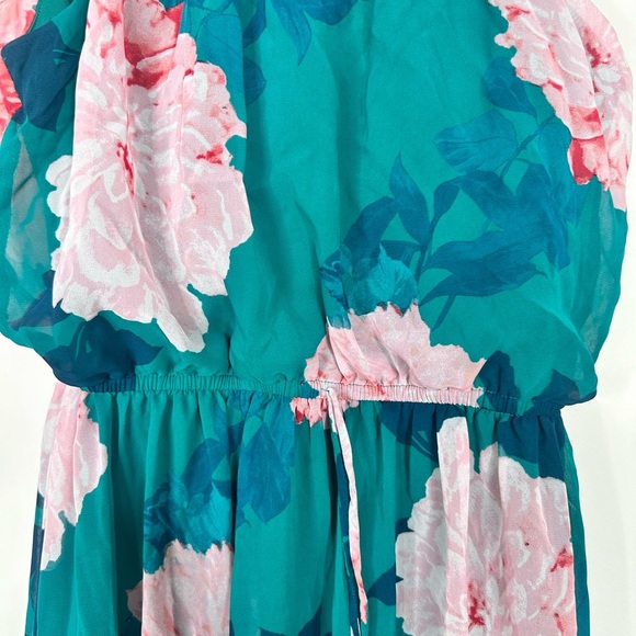 Sweet Storm Green/Pink flower print lined to knee dress drawstring size Med - Picture 3 of 11